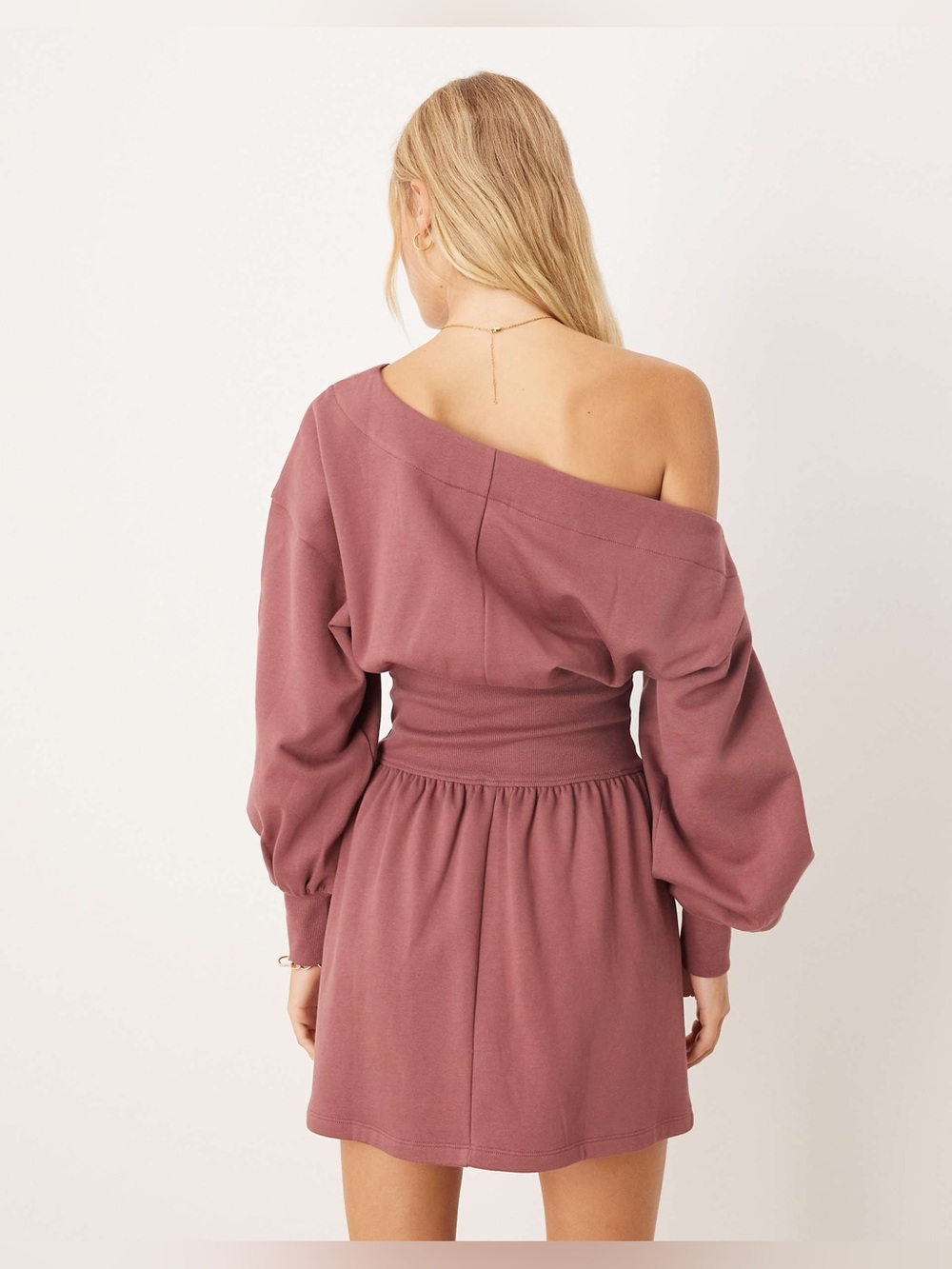 ASOS DESIGN Cotton Slash Neck One Shoulder Mini Dress in Deep Rose Size 12 - Picture 2 of 7